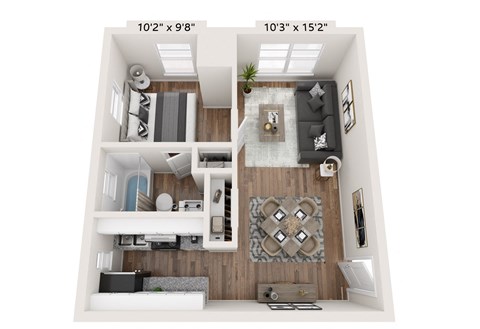 Floor plan for 1 bed, 1 bath, 454 sqft